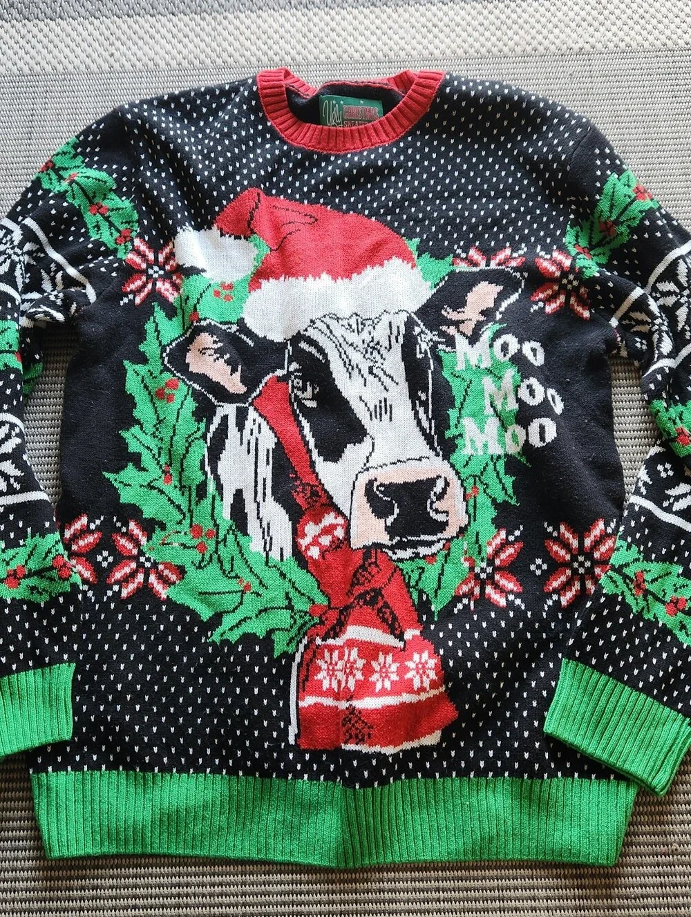 Ugly Christmas Sweater Men's XXL Cow Santa Hat Moo Moo Moo Knit Holiday Party 2